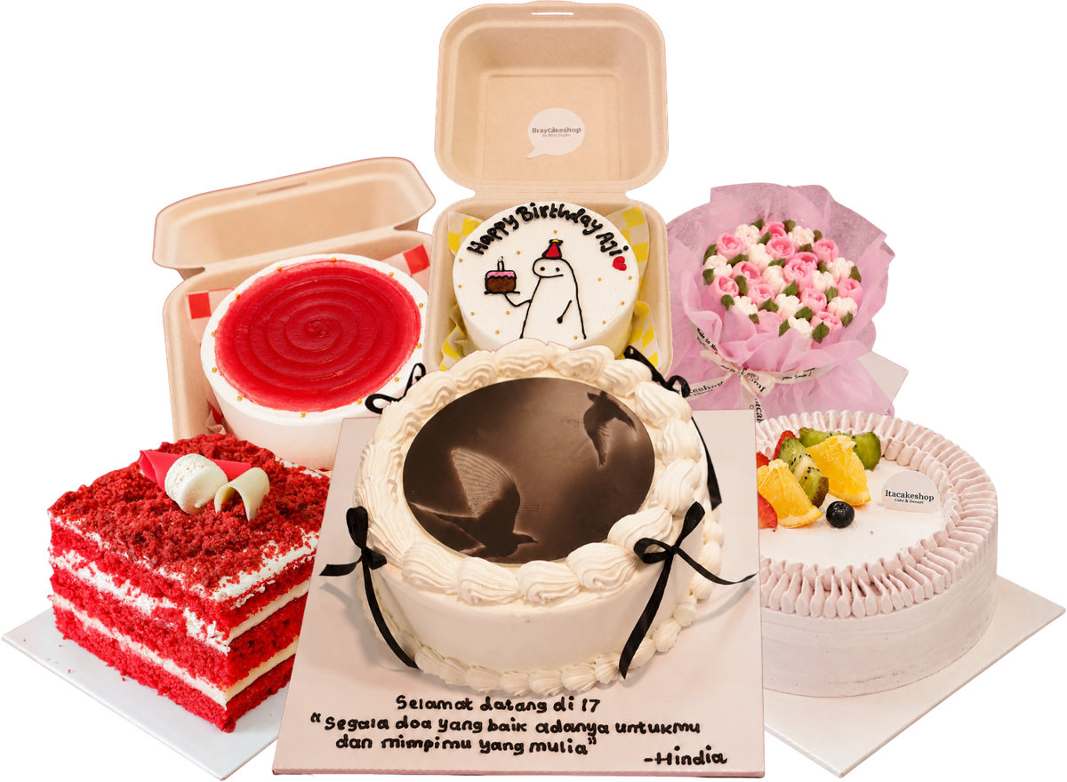 Rangkaian produk Itacakeshop: whole cake custom, bento cake, red velvet, buket bunga, dan kue buah